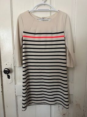 Striped Cream and Black Shift Dress with Coral Accent